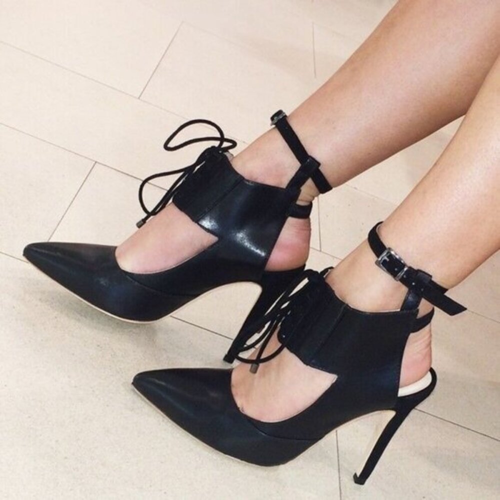 Alepel Chaine Pumps Black Leather Suede Lace Up Stiletto Sz 7.5 New $695